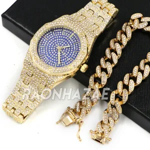 Raonhazae Iced Lab Diamond Watch w/ 15mm Cuban Link Bracelet Set