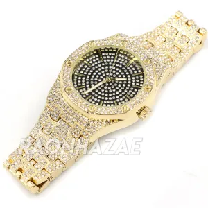 Raonhazae Men's Black/ Gold Hip Hop Iced Bezel Lab Diamond Watch - G01