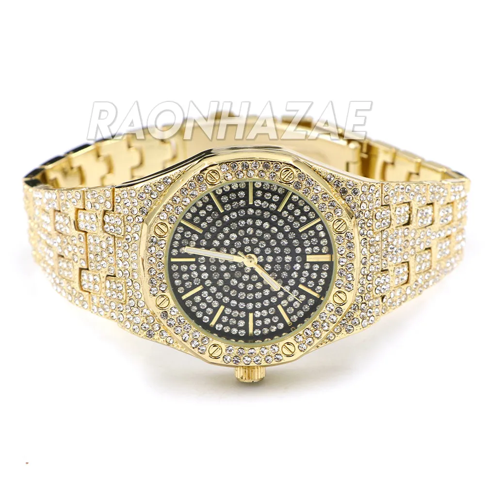 Raonhazae Men's Black/ Gold Hip Hop Iced Bezel Lab Diamond Watch - G01