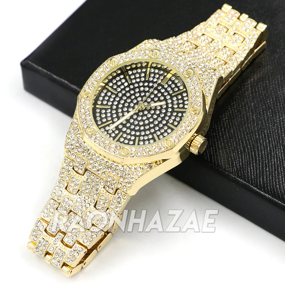 Raonhazae Men's Black/ Gold Hip Hop Iced Bezel Lab Diamond Watch - G01