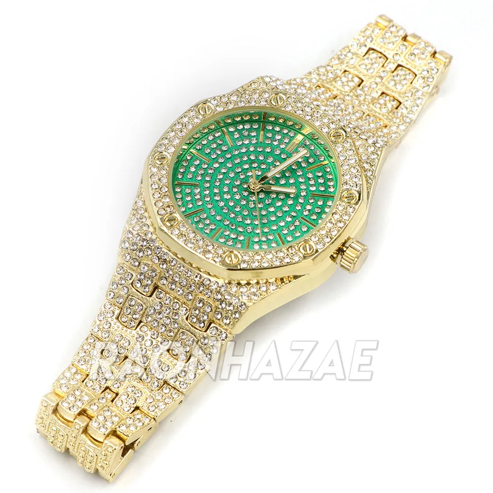Raonhazae Men's Green/Gold Simulated Hip Hop Iced Bezel Lab Diamond Watch - G05