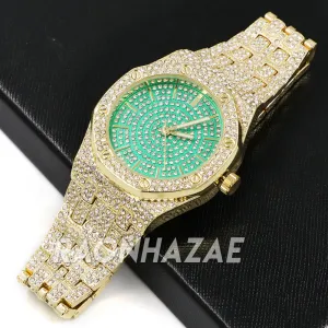 Raonhazae Men's Green/Gold Simulated Hip Hop Iced Bezel Lab Diamond Watch - G05