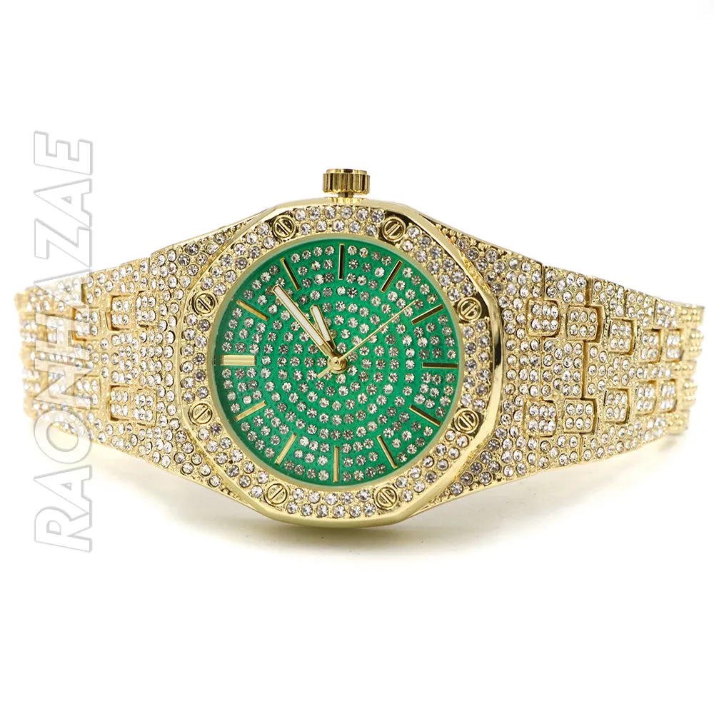 Raonhazae Men's Green/Gold Simulated Hip Hop Iced Bezel Lab Diamond Watch - G05