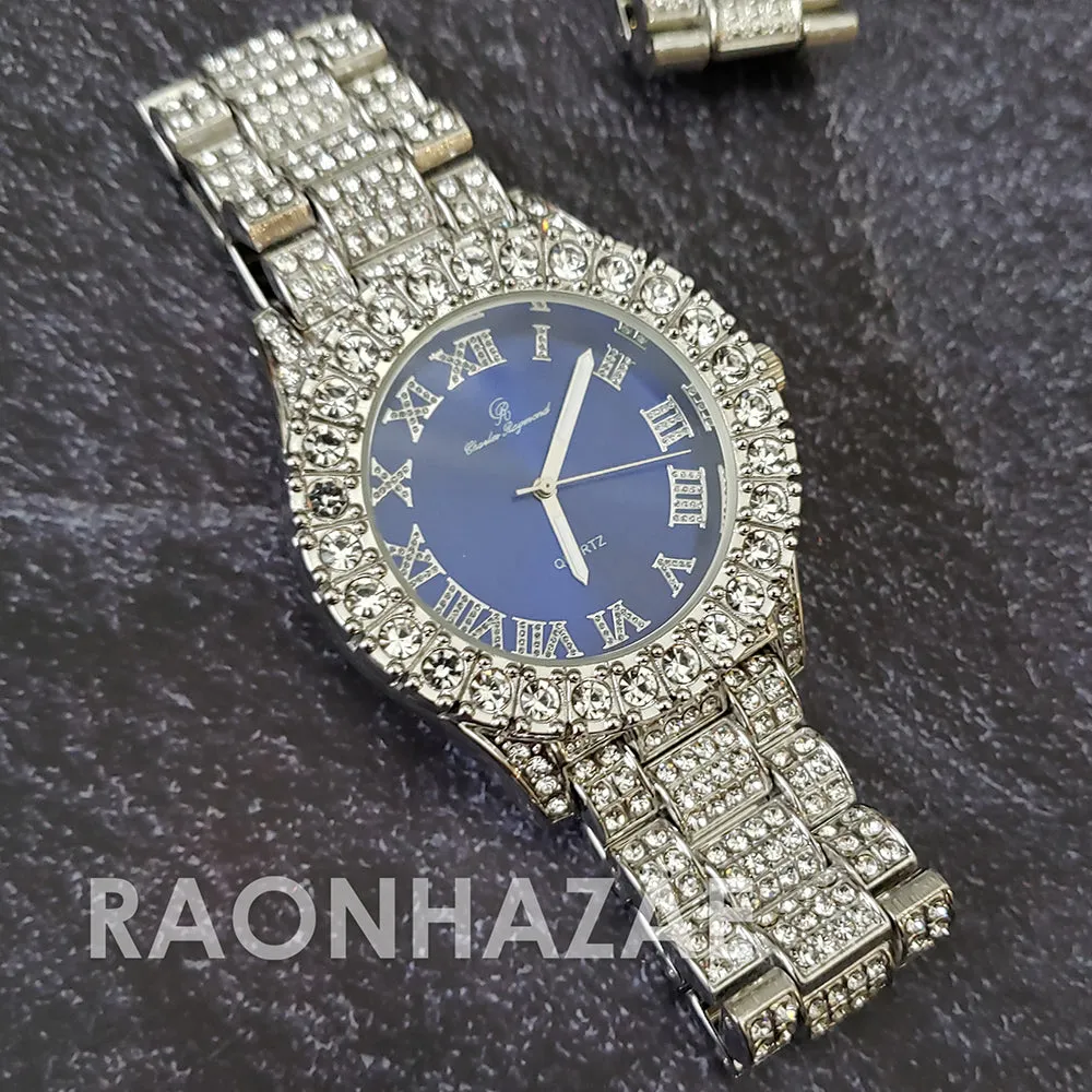 Raonhazae Silver Hip Hop Iced Lab Diamond Meek Mill Drake Blue / Red Face 14K White Gold Plated Watch with 12mm Cuban Link Bracelet Set