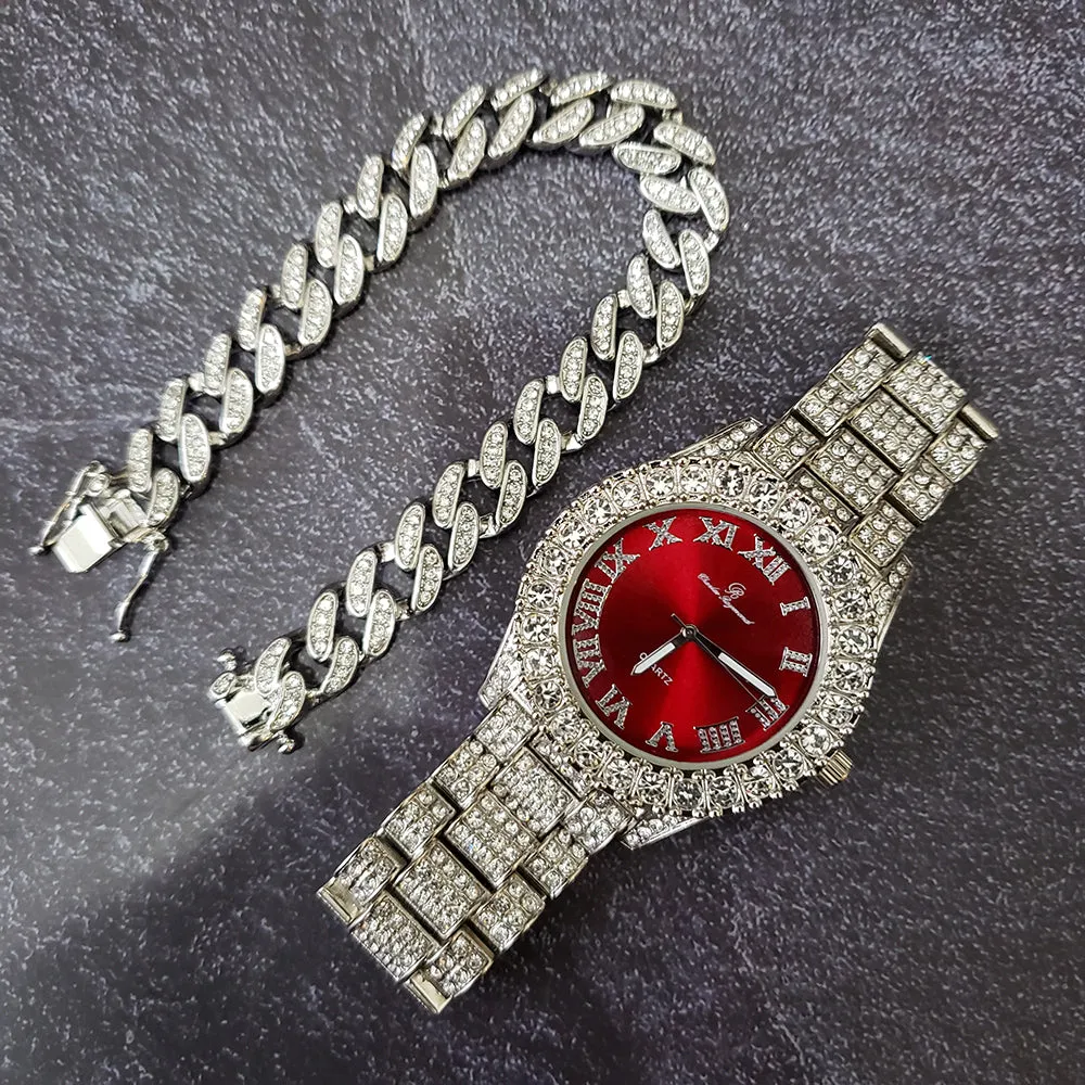 Raonhazae Silver Hip Hop Iced Lab Diamond Meek Mill Drake Blue / Red Face 14K White Gold Plated Watch with 12mm Cuban Link Bracelet Set