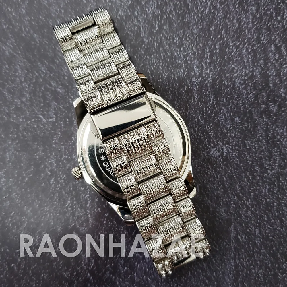 Raonhazae Silver Hip Hop Iced Lab Diamond Meek Mill Drake Blue / Red Face 14K White Gold Plated Watch with 12mm Cuban Link Bracelet Set