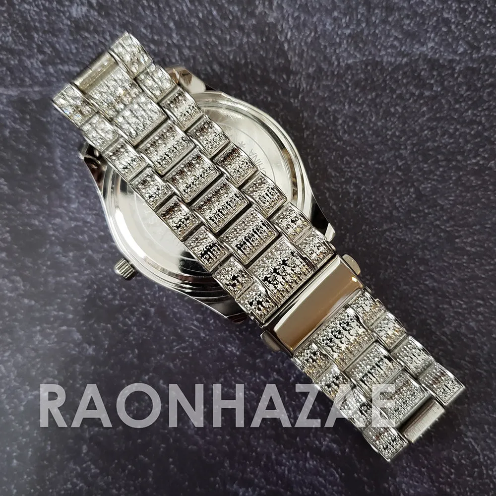 Raonhazae Silver Hip Hop Iced Lab Diamond Meek Mill Drake Blue / Red Face 14K White Gold Plated Watch with 12mm Cuban Link Bracelet Set