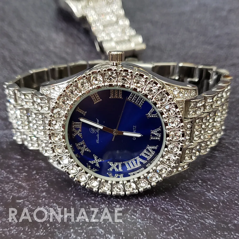 Raonhazae Silver Hip Hop Iced Lab Diamond Meek Mill Drake Blue / Red Face 14K White Gold Plated Watch with 12mm Cuban Link Bracelet Set