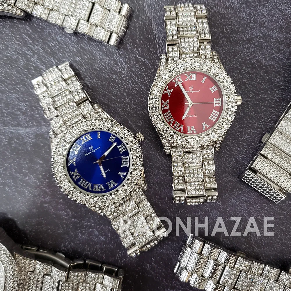 Raonhazae Silver Hip Hop Iced Lab Diamond Meek Mill Drake Blue / Red Face 14K White Gold Plated Watch with 12mm Cuban Link Bracelet Set