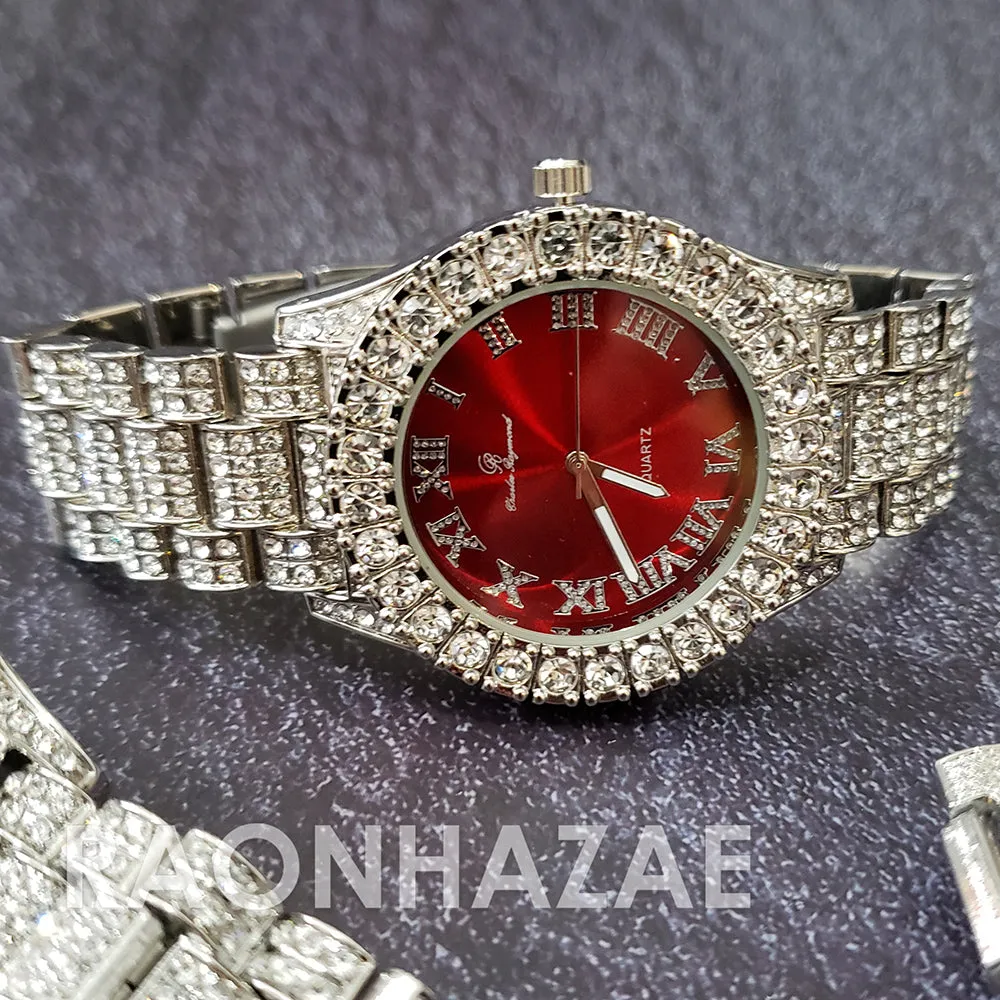 Raonhazae Silver Hip Hop Iced Lab Diamond Meek Mill Drake Blue / Red Face 14K White Gold Plated Watch with 12mm Cuban Link Bracelet Set