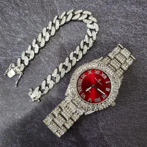 Raonhazae Silver Hip Hop Iced Lab Diamond Meek Mill Drake Blue / Red Face 14K White Gold Plated Watch with 12mm Cuban Link Bracelet Set