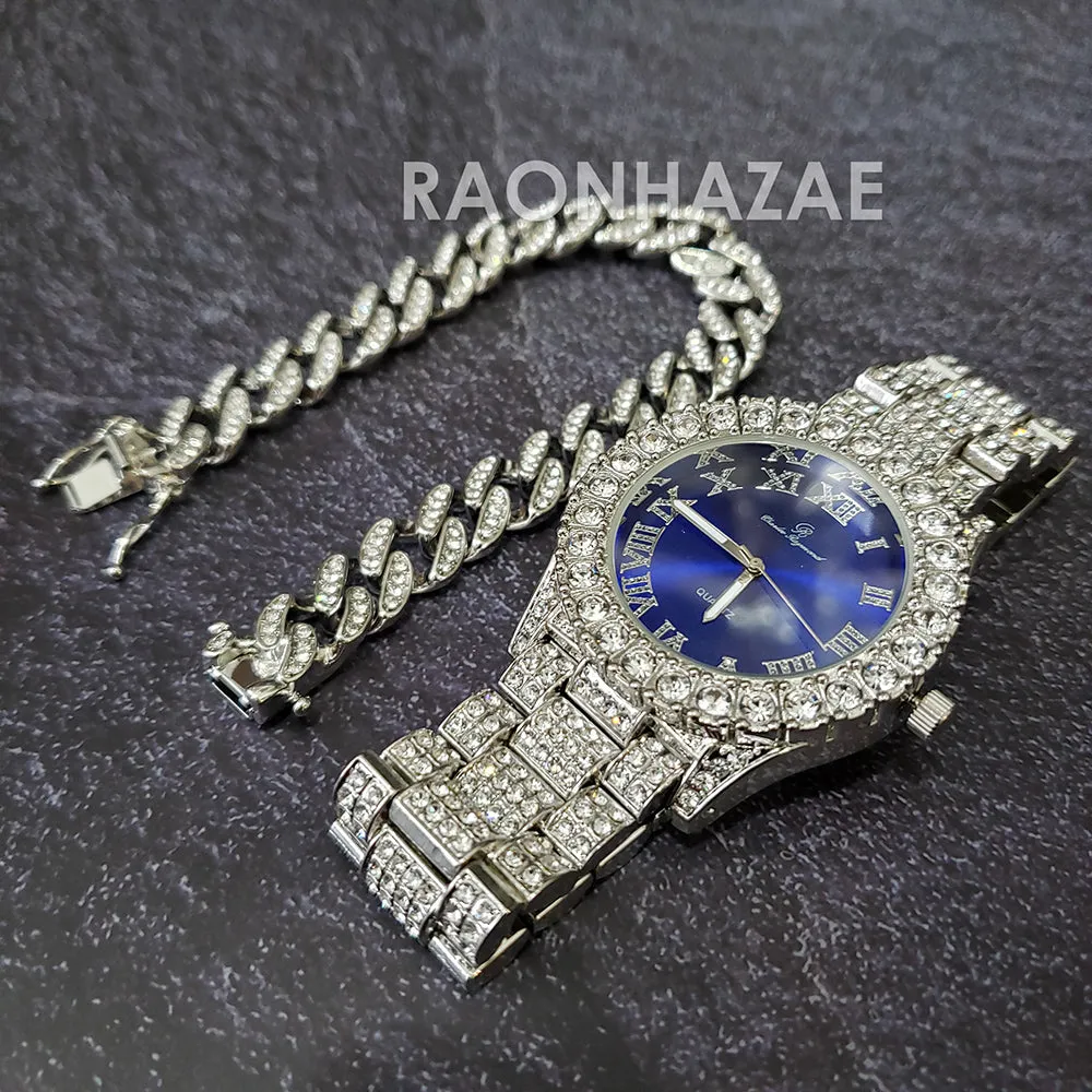 Raonhazae Silver Hip Hop Iced Lab Diamond Meek Mill Drake Blue / Red Face 14K White Gold Plated Watch with 12mm Cuban Link Bracelet Set