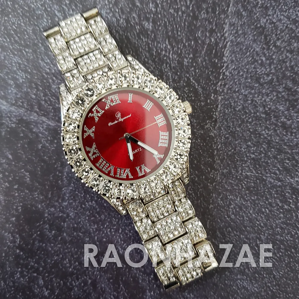 Raonhazae Silver Hip Hop Iced Lab Diamond Meek Mill Drake Blue / Red Face 14K White Gold Plated Watch with 12mm Cuban Link Bracelet Set
