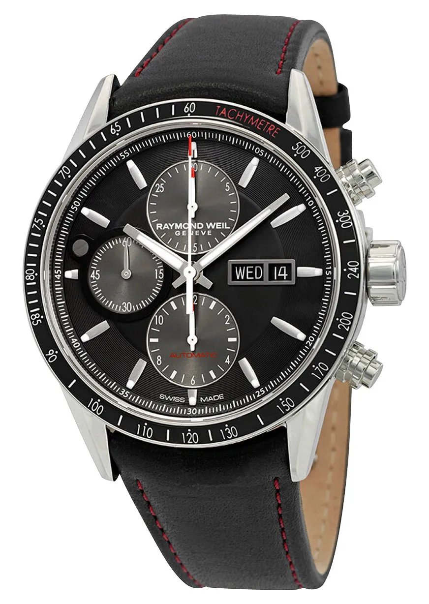 Raymond Weil Freelancer Automatic Chronograph Stainless Steel Black Dial Black Leather Strap Day/Date Mens Watch 7731-SC1-20621