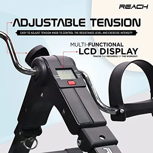 Reach Digital Pedal Exercise Machine Mini Fitness Cycle with Fixing Strap, Adjustable Resistance and LCD Display - Fits Under Desk and suitable for Light Exercise of Legs & Arms, and Physiotherapy at Home