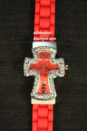 Red/Red Cross Clear Rhinestones | Silicone Band