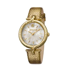 Roberto Cavalli Ladies Watch Golden Color Leather Strap Case With Mother Of Pearl Dial