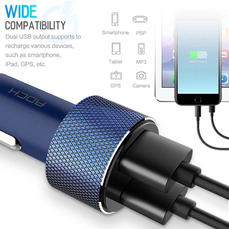 ROCK Mini Dual USB Car Charger LED Display Universal 3.4A Mobile Phone Tablet Fast Charging Usb Charger for Car 2 Usb Adapter white