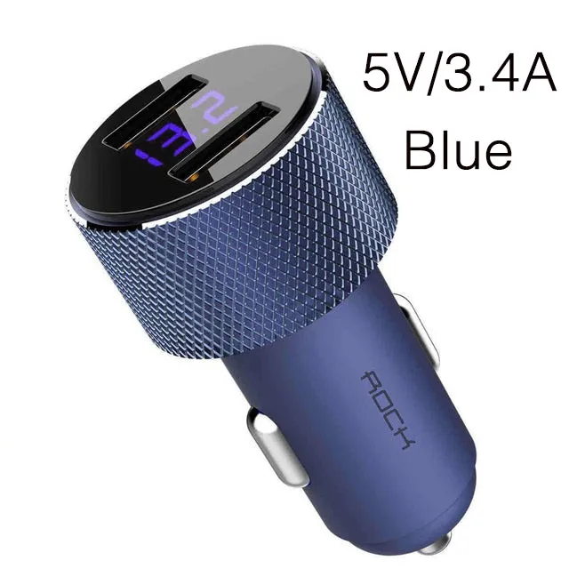 ROCK Mini Dual USB Car Charger LED Display Universal 3.4A Mobile Phone Tablet Fast Charging Usb Charger for Car 2 Usb Adapter white