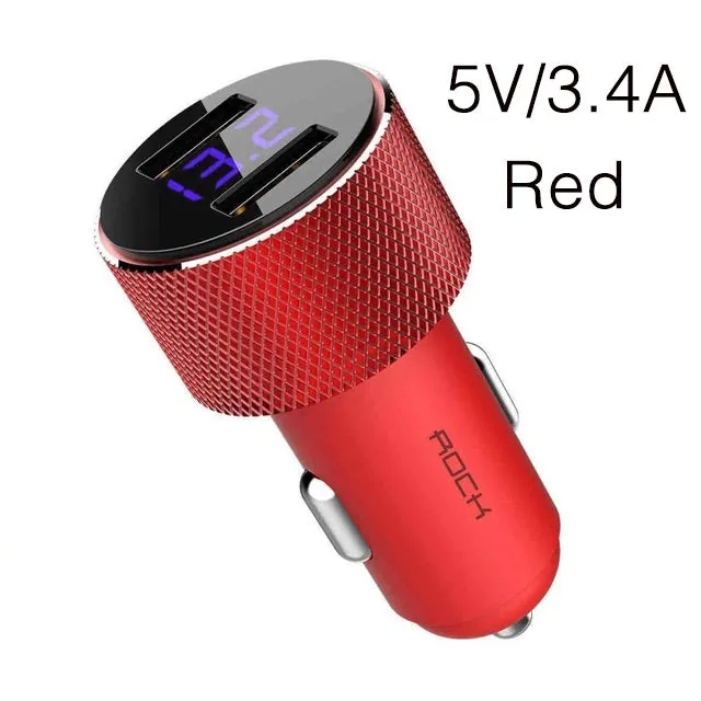 ROCK Mini Dual USB Car Charger LED Display Universal 3.4A Mobile Phone Tablet Fast Charging Usb Charger for Car 2 Usb Adapter white
