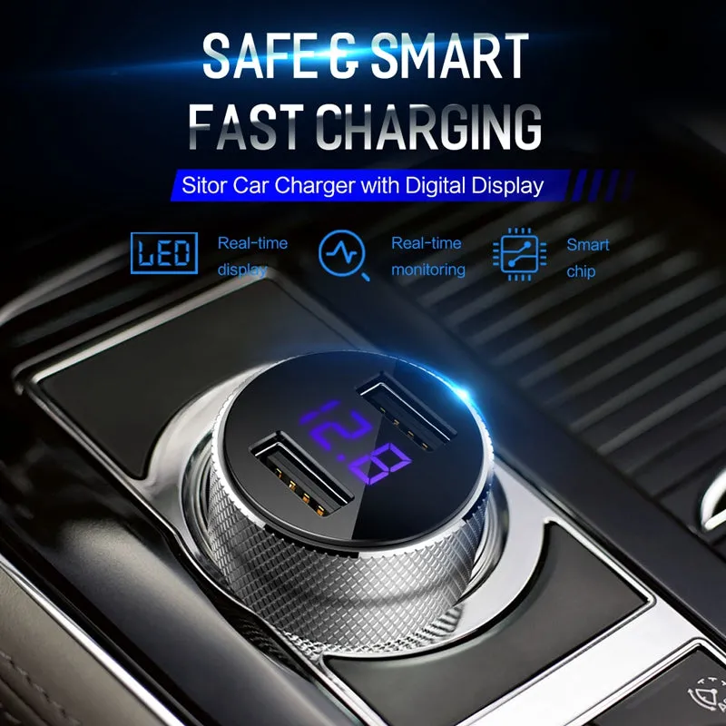 ROCK Mini Dual USB Car Charger LED Display Universal 3.4A Mobile Phone Tablet Fast Charging Usb Charger for Car 2 Usb Adapter white