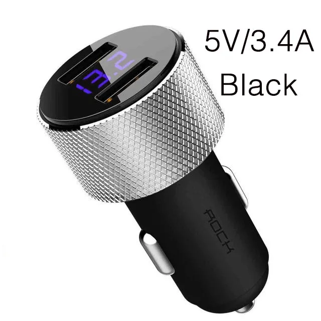 ROCK Mini Dual USB Car Charger LED Display Universal 3.4A Mobile Phone Tablet Fast Charging Usb Charger for Car 2 Usb Adapter white