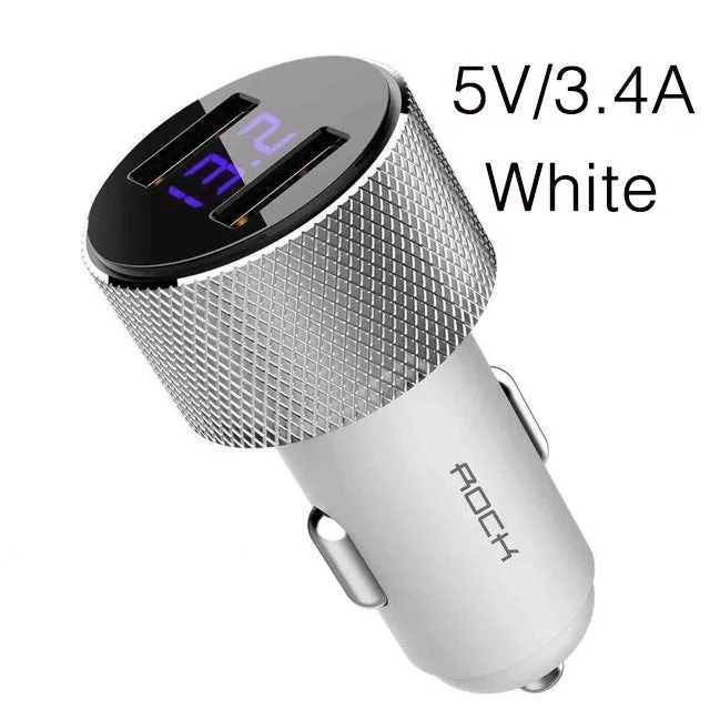 ROCK Mini Dual USB Car Charger LED Display Universal 3.4A Mobile Phone Tablet Fast Charging Usb Charger for Car 2 Usb Adapter white