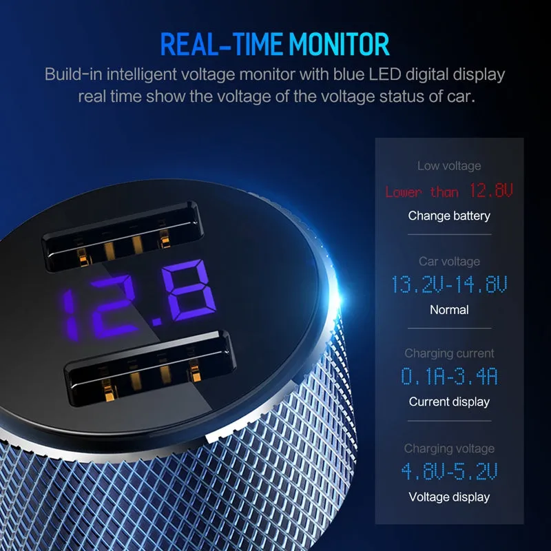ROCK Mini Dual USB Car Charger LED Display Universal 3.4A Mobile Phone Tablet Fast Charging Usb Charger for Car 2 Usb Adapter white