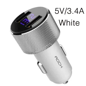 ROCK Mini Dual USB Car Charger LED Display Universal 3.4A Mobile Phone Tablet Fast Charging Usb Charger for Car 2 Usb Adapter white