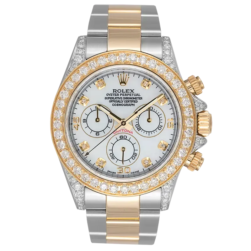 Rolex Cosmograph Daytona Steel/Yellow Gold Custom Diamond Set White MOP Dial 116523