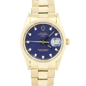 Rolex Date 15037 14K Yellow Gold 34mm BLUE DIAMOND Dial Fluted Oyster Watch