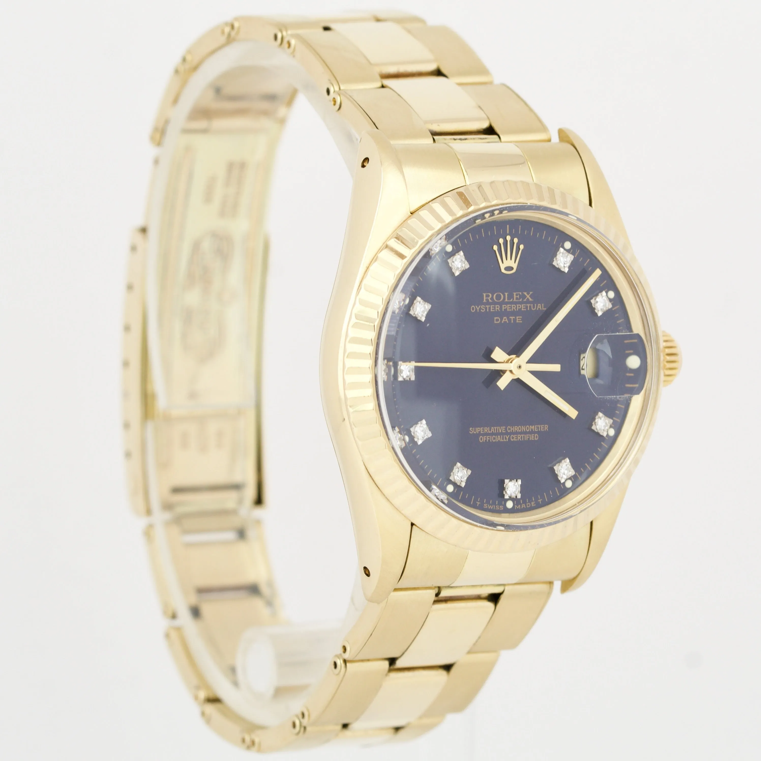 Rolex Date 15037 14K Yellow Gold 34mm BLUE DIAMOND Dial Fluted Oyster Watch