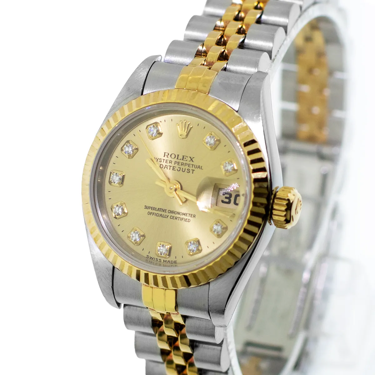 Rolex Datejust 26mm Yellow Gold Steel Champagne Diamond Dial & Fluted Bezel 69173