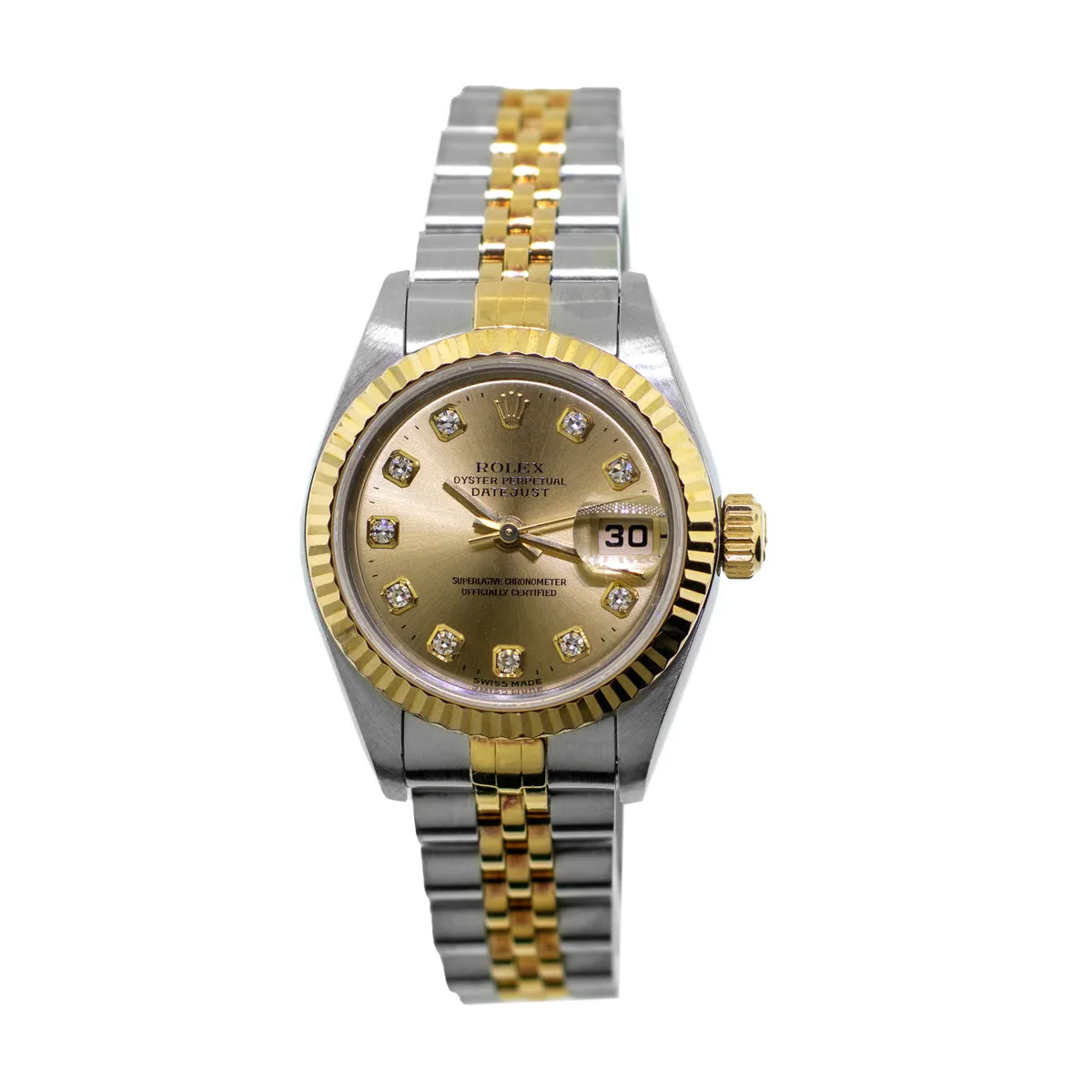 Rolex Datejust 26mm Yellow Gold Steel Champagne Diamond Dial & Fluted Bezel 69173