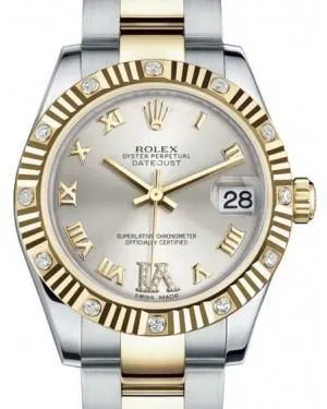Rolex Datejust 31 Lady Midsize Yellow Gold/Steel Silver Roman Diamond VI Dial & Diamond Set Fluted Bezel Oyster Bracelet 178313