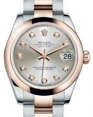 Rolex Datejust 31MM Lady Midsize Rose Gold/Steel Silver Diamond Dial & Smooth Domed Bezel Oyster Bracelet 178241 - NEW