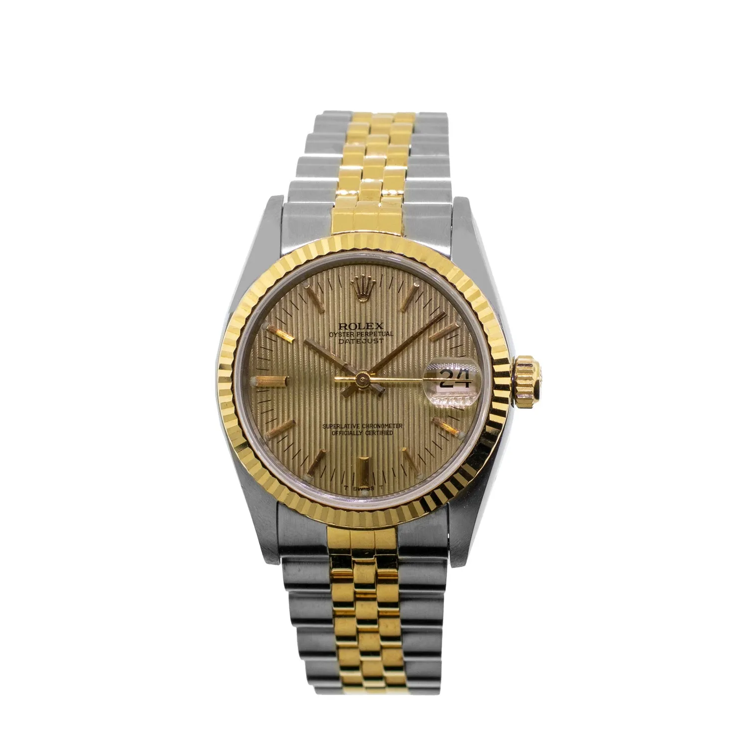 Rolex Datejust 31mm Yellow Gold Steel Champagne Tapestry Index Dial & Fluted Bezel 68273
