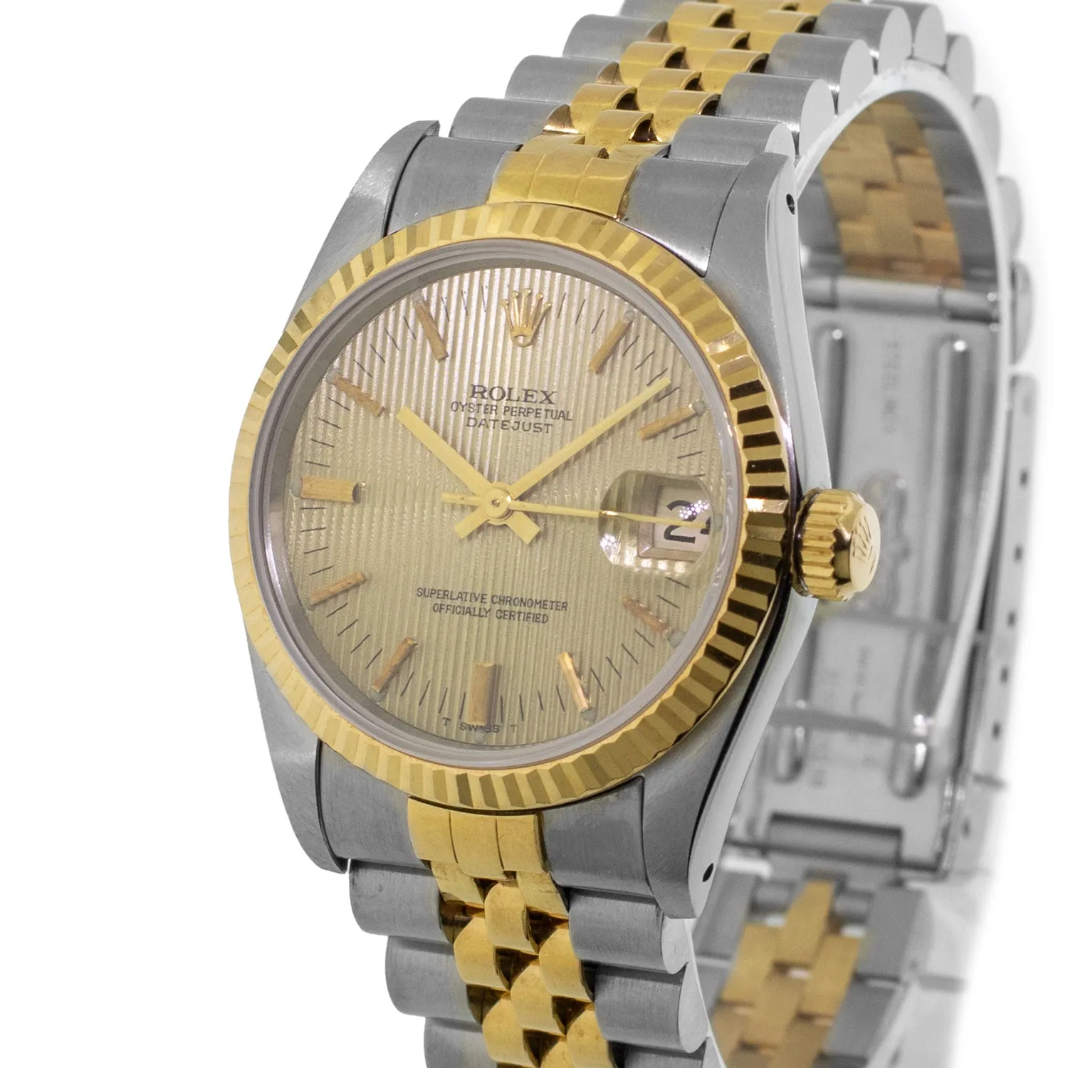 Rolex Datejust 31mm Yellow Gold Steel Champagne Tapestry Index Dial & Fluted Bezel 68273