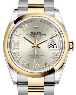 Rolex Datejust 36 Yellow Gold/Steel Silver Roman Diamond VI Dial & Smooth Domed Bezel Oyster Bracelet 126203