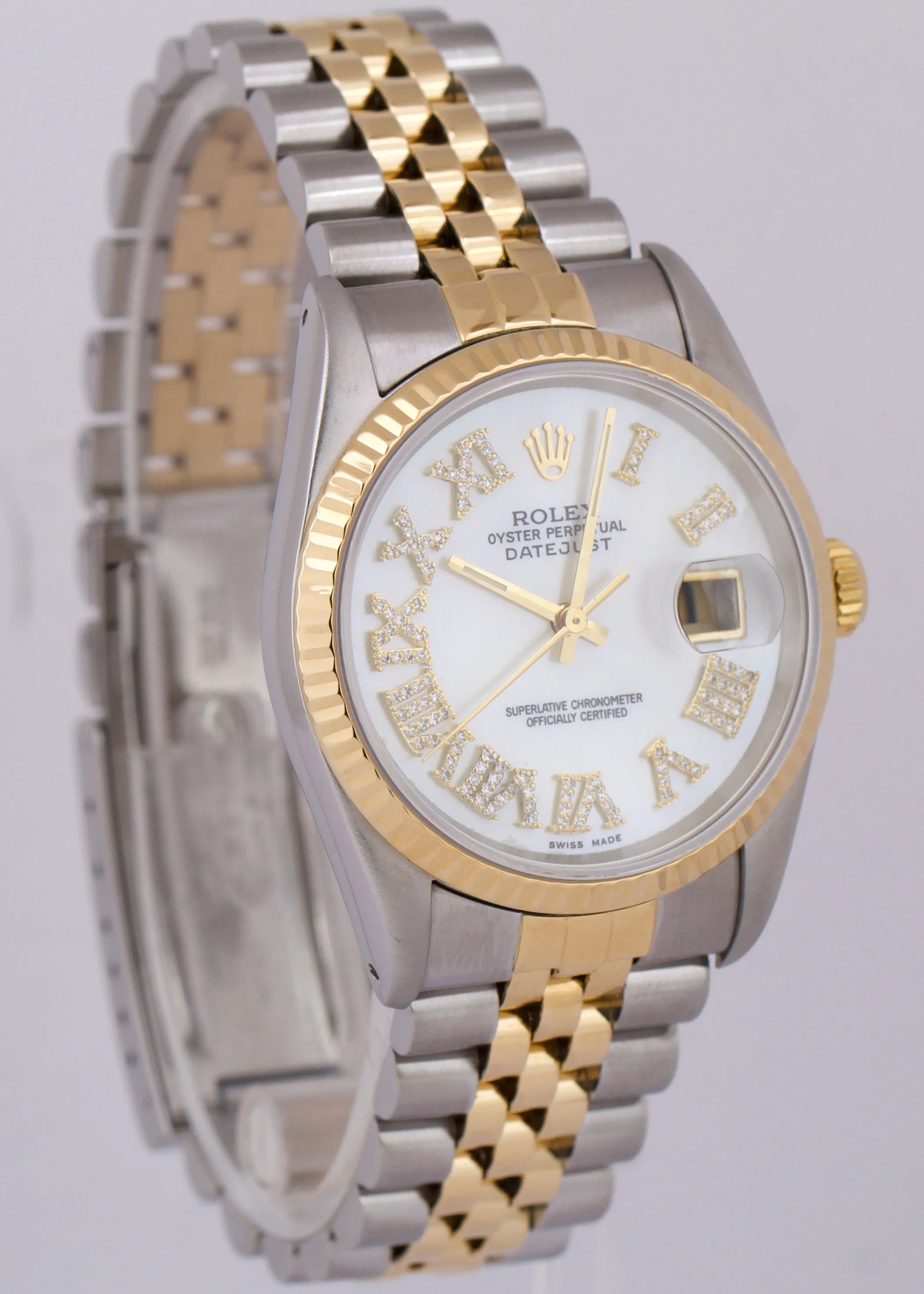 Rolex DateJust 36mm MOP DIAMOND PAVE ROMAN 18K Gold Stainless Steel Watch 16233