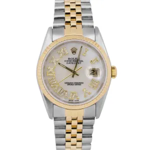 Rolex DateJust 36mm MOP DIAMOND PAVE ROMAN 18K Gold Stainless Steel Watch 16233