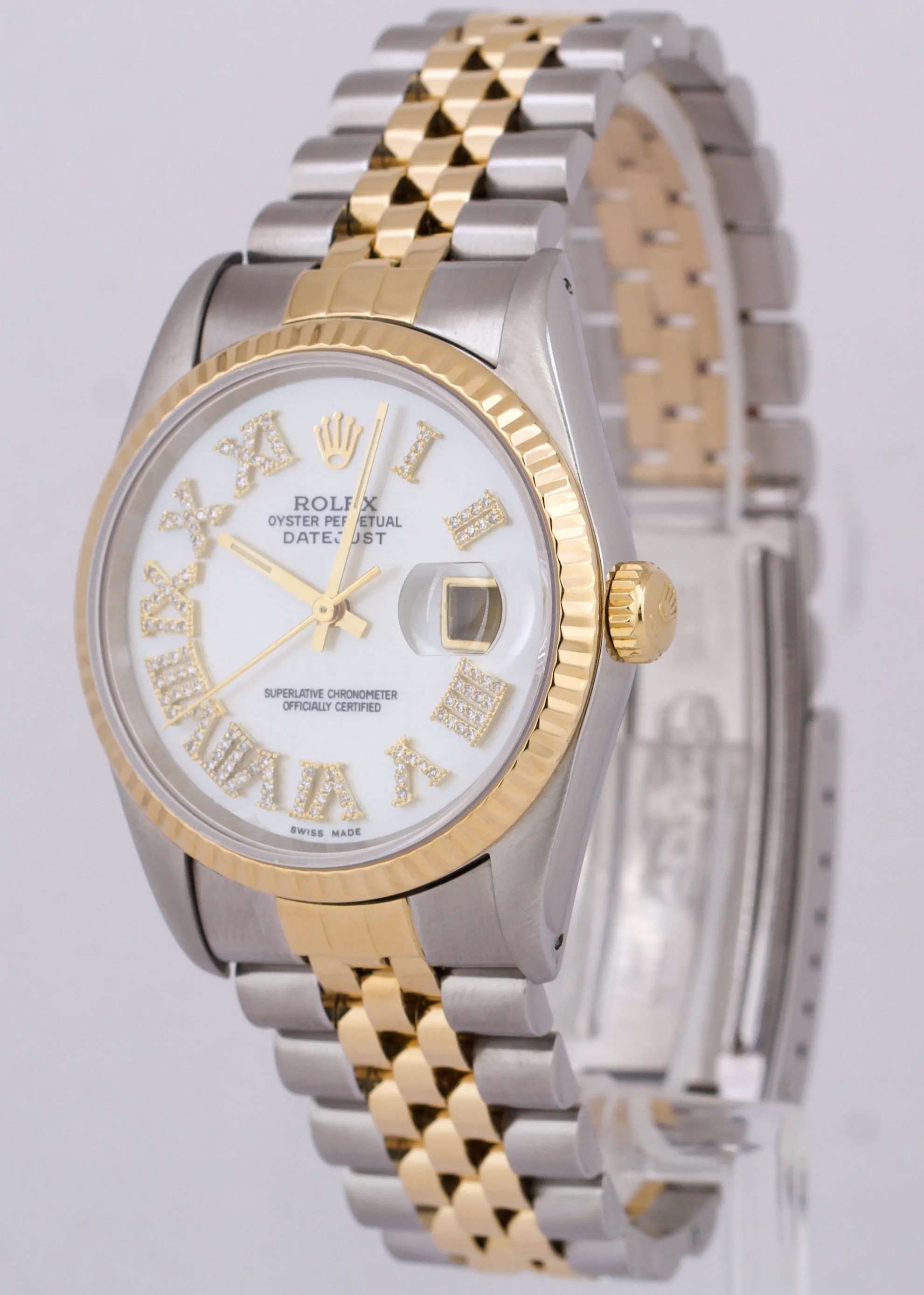 Rolex DateJust 36mm MOP DIAMOND PAVE ROMAN 18K Gold Stainless Steel Watch 16233