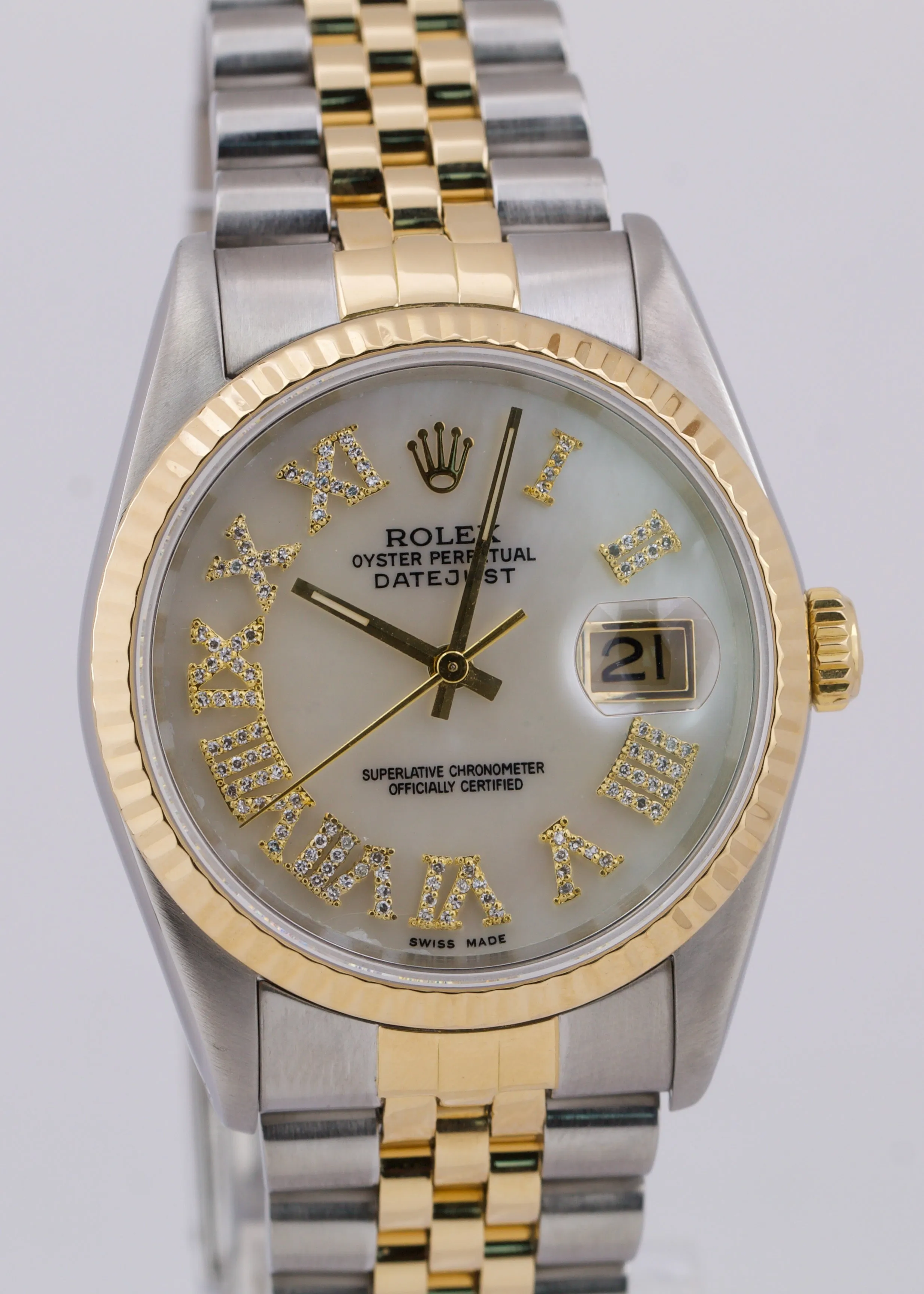 Rolex DateJust 36mm MOP DIAMOND PAVE ROMAN 18K Gold Stainless Steel Watch 16233