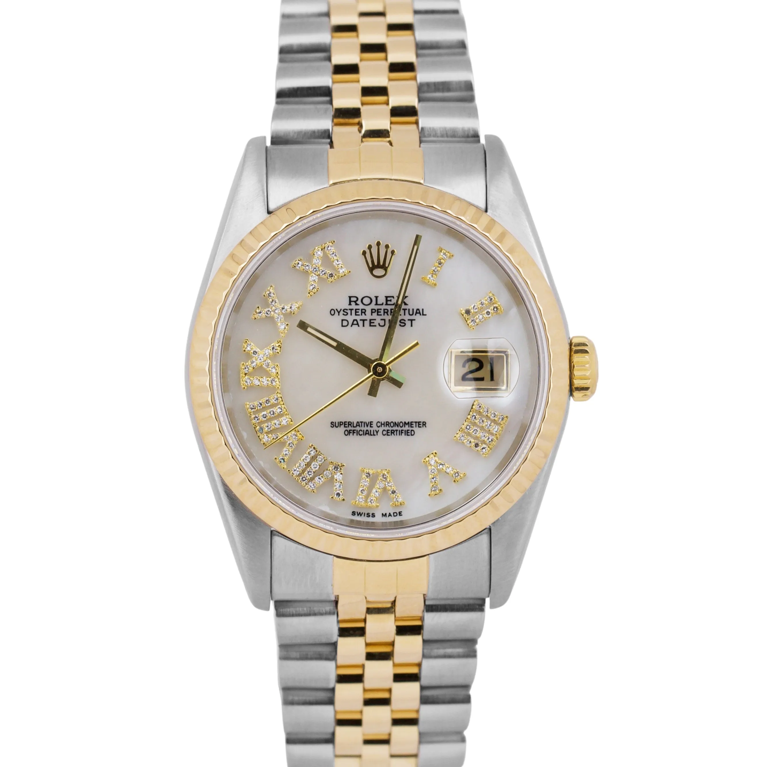 Rolex DateJust 36mm MOP DIAMOND PAVE ROMAN 18K Gold Stainless Steel Watch 16233