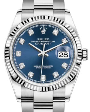 Rolex Datejust 36mm White Gold/Steel Blue Diamond Dial & Fluted Bezel Oyster Bracelet 126234 - NEW