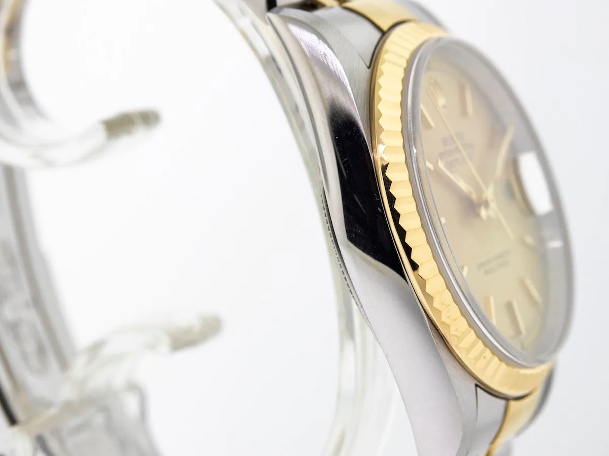 Rolex Datejust 36mm Yellow Gold & Steel Champagne Stick Dial Fluted Bezel 16233