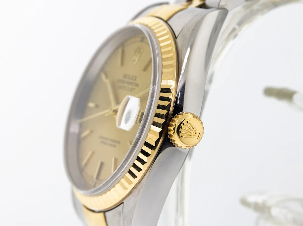 Rolex Datejust 36mm Yellow Gold & Steel Champagne Stick Dial Fluted Bezel 16233