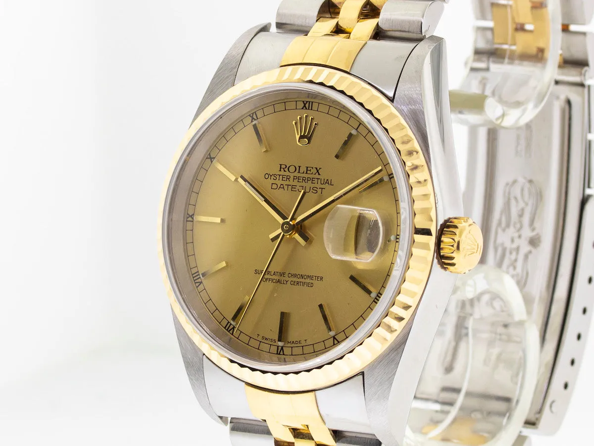 Rolex Datejust 36mm Yellow Gold & Steel Champagne Stick Dial Fluted Bezel 16233