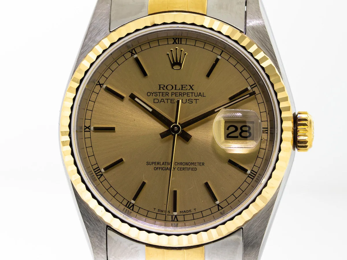 Rolex Datejust 36mm Yellow Gold & Steel Champagne Stick Dial Fluted Bezel 16233