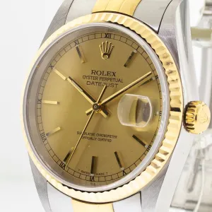 Rolex Datejust 36mm Yellow Gold & Steel Champagne Stick Dial Fluted Bezel 16233